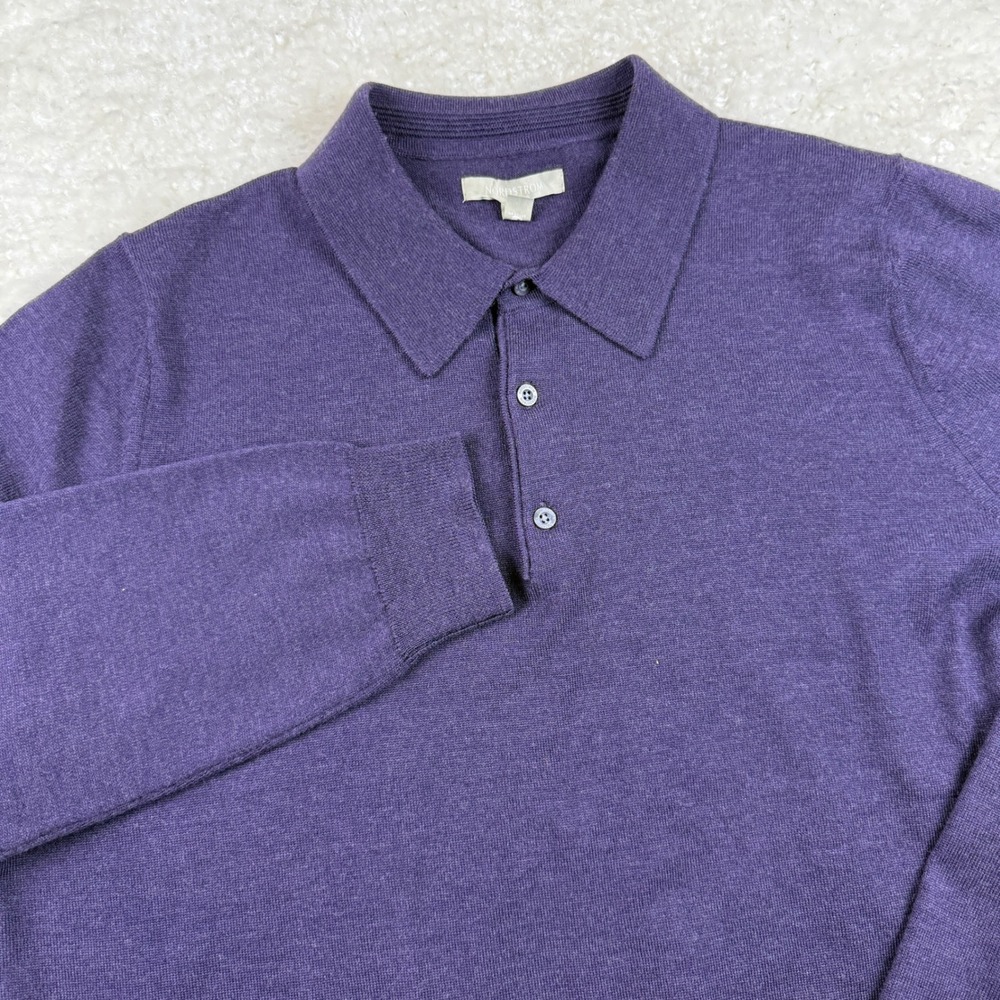 Nordstrom Polo Sweater Men XL Purple Extra Fine Merino Wool Long Sleeve